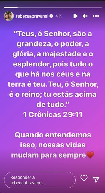 Rebeca Abravanel, esposa de Alexandre Pato, entrega forte mensagem bíblica e fala sobre entender o sentido da vida (Foto: Reprodução / Instagram) Rebeca Abravanel, esposa de Alexandre Pato, entrega forte mensagem bíblica e fala sobre entender o sentido da vida (Foto: Reprodução / Instagram)