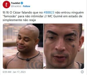BBB23 - Cézar debocha de 'Camarotes' na frente de MC Guimê (Foto: Reprodução / Twitter) BBB23 - Cézar debocha de 'Camarotes' na frente de MC Guimê (Foto: Reprodução / Twitter)