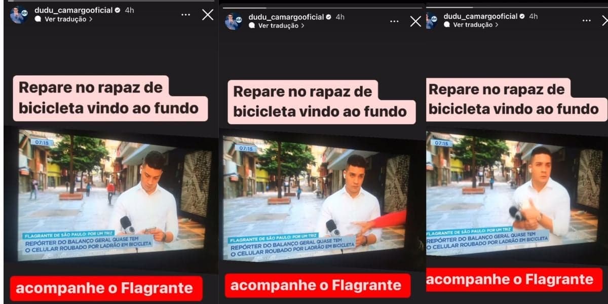 Dudu Camargo, comandante do Primeiro Impacto, do SBT, mostra imagens de Marcos Guimarães, do Balanço Geral, Record, da vítima de tentativa de roubo em São Paulo (Foto: Reprodução / Instagram) Dudu Camargo, comandante do Primeiro Impacto, do SBT, mostra imagens de Marcos Guimarães, do Balanço Geral, Record, da vítima de tentativa de roubo em São Paulo (Foto: Reprodução / Instagram)