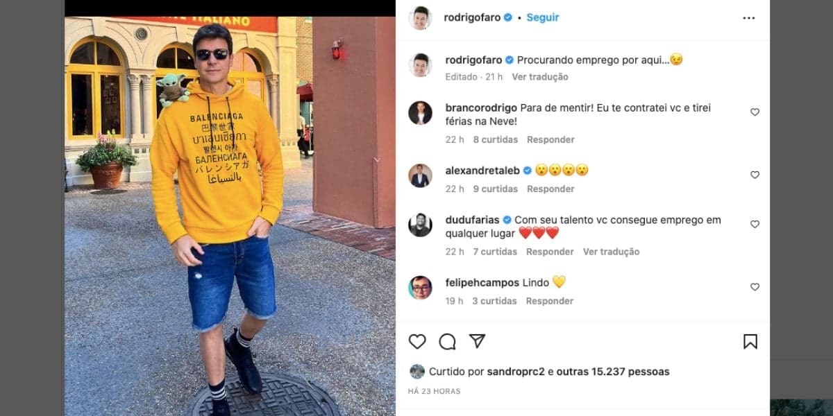 Em meio a possível saída da Record, Rodrigo Faro compartilha clique nos Estados Unidos e dispara estar procurando emprego na Disney (Foto: Reprodução / Instagram) Em meio a possível saída da Record, Rodrigo Faro compartilha clique nos Estados Unidos e dispara estar procurando emprego na Disney (Foto: Reprodução / Instagram)