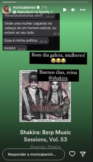 Esposa de Júnior Lima, Monica Benini, fala sobre música de Shakira, que foi indireta para ex-marido, Piqué, e mostra mensagem de amiga (Foto:Reprodução / Instagram) Esposa de Júnior Lima, Monica Benini, fala sobre música de Shakira, que foi indireta para ex-marido, Piqué, e mostra mensagem de amiga (Foto:Reprodução / Instagram)