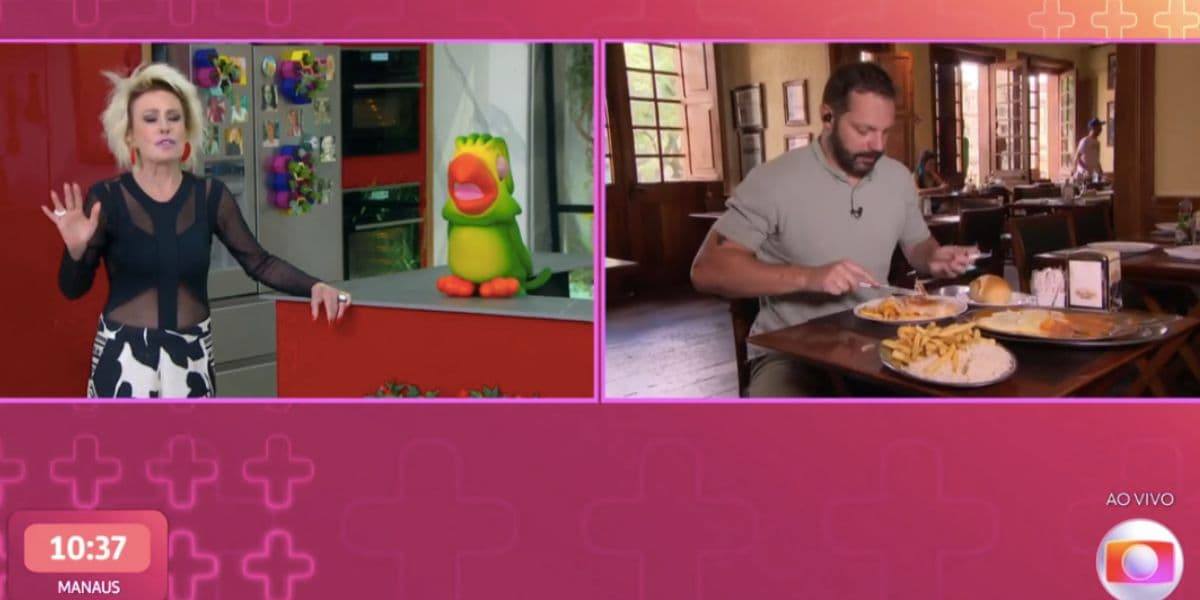 Durante o Mais Você, Ana Maria dispensou repórter, Matheus, ao vivo na Globo e brincou que não aguentava mais o vê-lo comer (Foto: Reprodução / Mais Você da Globo) Durante o Mais Você, Ana Maria dispensou repórter, Matheus, ao vivo na Globo e brincou que não aguentava mais o vê-lo comer (Foto: Reprodução / Mais Você da Globo)