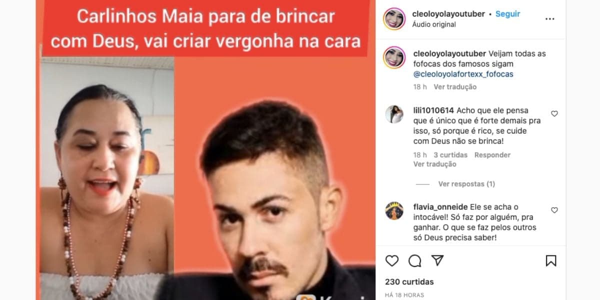 Cleo Loyola, ex de Luciano Camargo, entrega que Carlinhos Maia combinou com vidente para fazer previsão sobre perda de fortuna para enganar público e ainda diz para famoso tomar cuidado com suas atitudes e saúde (Foto: Reprodução / Instagram) Cleo Loyola, ex de Luciano Camargo, entrega que Carlinhos Maia combinou com vidente para fazer previsão sobre perda de fortuna para enganar público e ainda diz para famoso tomar cuidado com suas atitudes e saúde (Foto: Reprodução / Instagram)