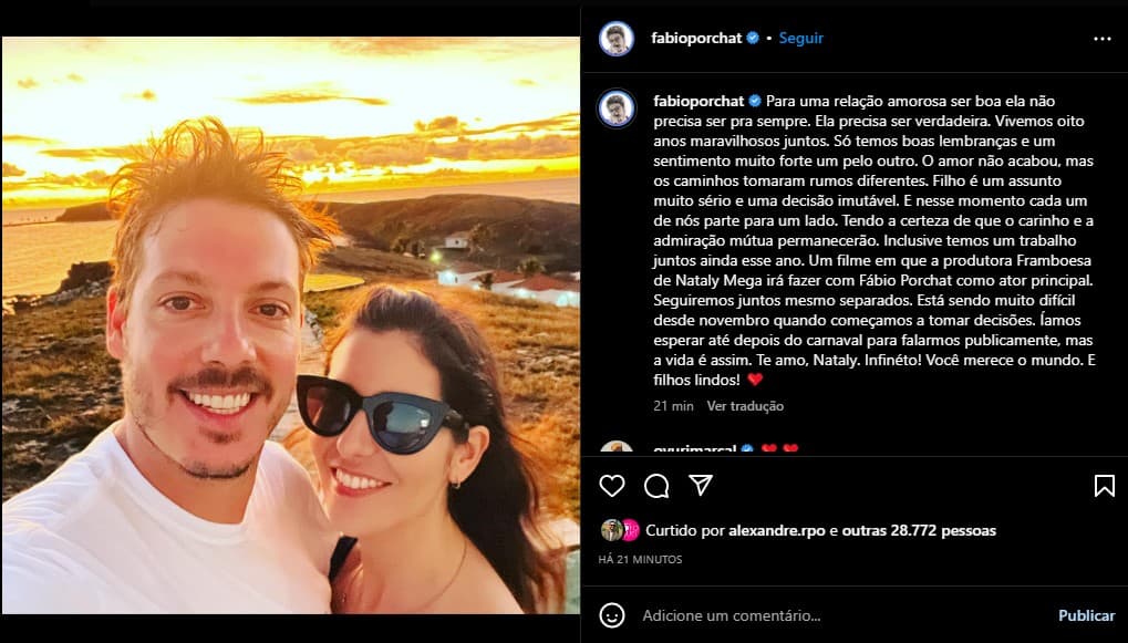 Fábio Porchat divulga textão após fim do casamento com Nataly Mega - Foto: Reprodução Fábio Porchat divulga textão após fim do casamento com Nataly Mega - Foto: Reprodução