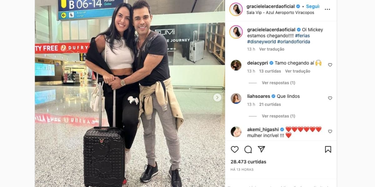 Nas redes sociais, Graciele Lacerda confirma que passará férias com Zezé Di Camargo em Orlando, nos Estados Unidos, desse modo, ela ficará lado a lado de Zilu, que mora na cidade (Foto: Reprodução / Instagram) Nas redes sociais, Graciele Lacerda confirma que passará férias com Zezé Di Camargo em Orlando, nos Estados Unidos, desse modo, ela ficará lado a lado de Zilu, que mora na cidade (Foto: Reprodução / Instagram)