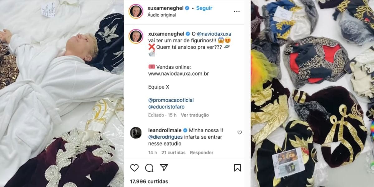 Em vídeo, Junno Andrade mostra Xuxa deitada no chão ao lado de várias roupas e loira confessa que peças serão exibidas em Navio, que irá homenagea-la em seu aniversário (Foto: Reprodução / Instagram) Em vídeo, Junno Andrade mostra Xuxa deitada no chão ao lado de várias roupas e loira confessa que peças serão exibidas em Navio, que irá homenagea-la em seu aniversário (Foto: Reprodução / Instagram)