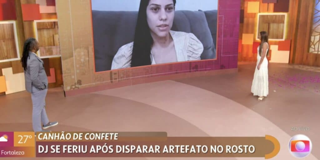 Durante o Encontro, da Globo, Patrícia Poeta pega canhão de festa, estoura confete ao vivo e assusta a todos com barulho para dar notícia sobre acidente de DJ (Foto: Reprodução / Globo) Durante o Encontro, da Globo, Patrícia Poeta pega canhão de festa, estoura confete ao vivo e assusta a todos com barulho para dar notícia sobre acidente de DJ (Foto: Reprodução / Globo)