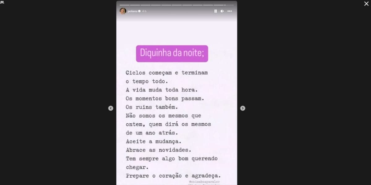 Poliana Rocha, esposa de Leonardo, faz reflexão sincera sobre tempos ruins, mudanças e fim de ciclos nas redes sociais (Foto: Reprodução / Instagram) Poliana Rocha, esposa de Leonardo, faz reflexão sincera sobre tempos ruins, mudanças e fim de ciclos nas redes sociais (Foto: Reprodução / Instagram)