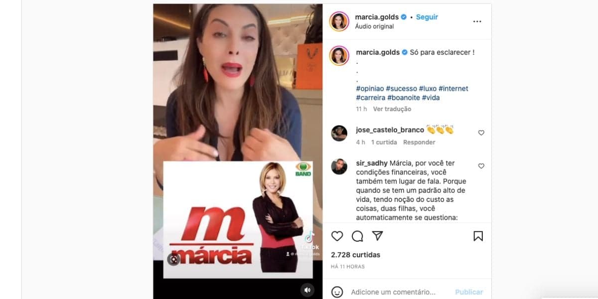 Márcia Goldschmidt fica revoltada ao ser atacada por ser rica (Foto: Reprodução / Instagram) Márcia Goldschmidt fica revoltada ao ser atacada por ser rica (Foto: Reprodução / Instagram)