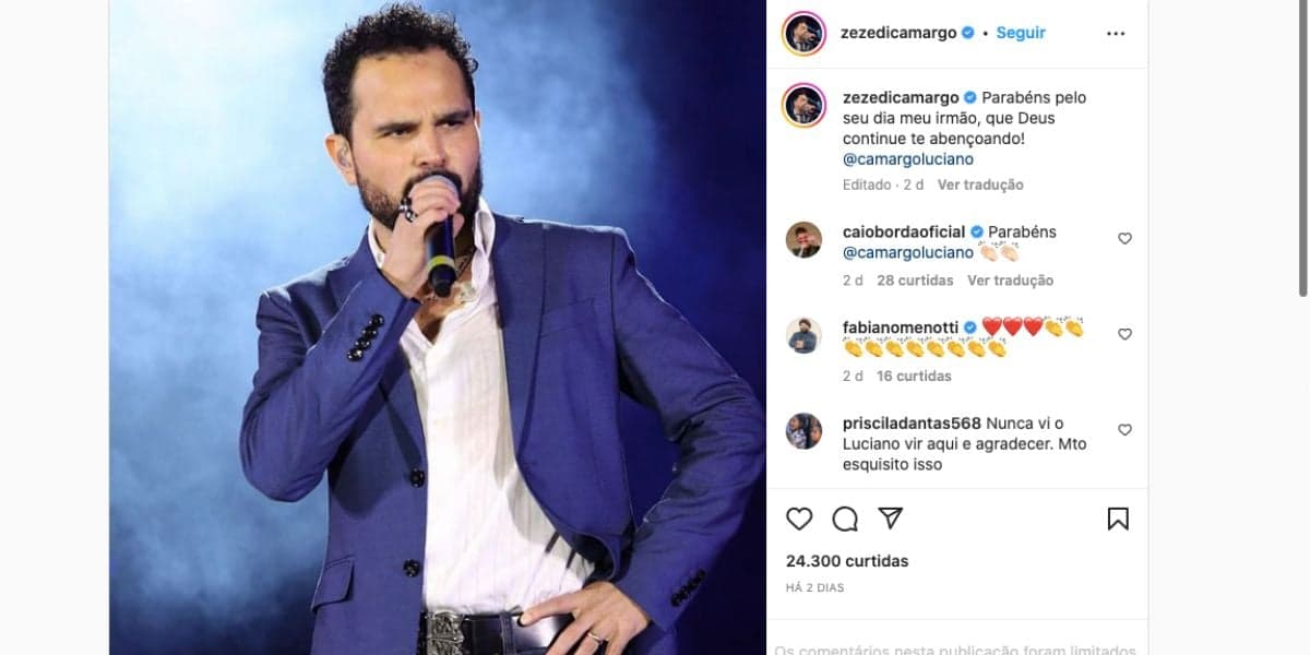Zezé Di Camargo manda recado para Luciano devido ao seu aniversário de 50 anos, mas irmão ignora a publicação e nem sequer curte e comenta recado (Foto: Reprodução / Instagram) Zezé Di Camargo manda recado para Luciano devido ao seu aniversário de 50 anos, mas irmão ignora a publicação e nem sequer curte e comenta recado (Foto: Reprodução / Instagram)