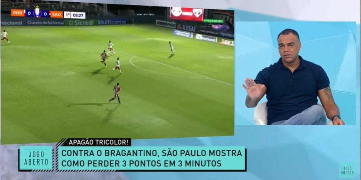 Denílson ficou indignado com a derrota do São Paulo na noite da última quarta-feira (Reprodução: Jogo Aberto/ Band) Denílson ficou indignado com a derrota do São Paulo na noite da última quarta-feira (Reprodução: Jogo Aberto/ Band)