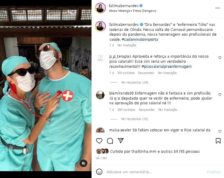 Fátima Bernardes e Túlio Gadêlha foram duramente criticados por usar fantasia da enfermagem (Foto: Reprodução/ Instagram) Fátima Bernardes e Túlio Gadêlha foram duramente criticados por usar fantasia da enfermagem (Foto: Reprodução/ Instagram)