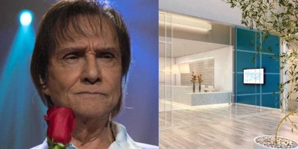 Hall luxuoso, cheia de vidros e com decoração luxuosa: assim é onde Roberto Carlos vive os seus dias