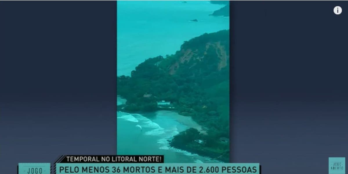 Fortes chuvas atingiram o litoral norte de São Paulo e mataram 36 pessoas e mais 40 desaparecidas (Reprodução: Jogo Aberto/ Band) Fortes chuvas atingiram o litoral norte de São Paulo e mataram 36 pessoas e mais 40 desaparecidas (Reprodução: Jogo Aberto/ Band)