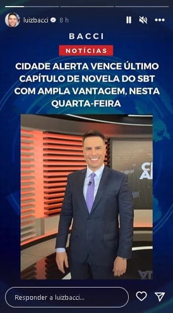 Luiz Bacci celebrou vitória do Cidade Alerta em cima de último capítulo de novela do SBT (Foto: Reprodução/ Instagram) Luiz Bacci celebrou vitória do Cidade Alerta em cima de último capítulo de novela do SBT (Foto: Reprodução/ Instagram)