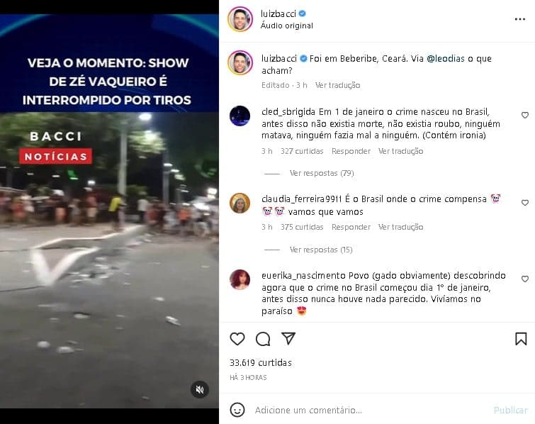 Luiz Bacci faz relato sobre tiroteio em show de Zé Vaqueiro (Foto: Reprodução/ Instagram) Luiz Bacci faz relato sobre tiroteio em show de Zé Vaqueiro (Foto: Reprodução/ Instagram)