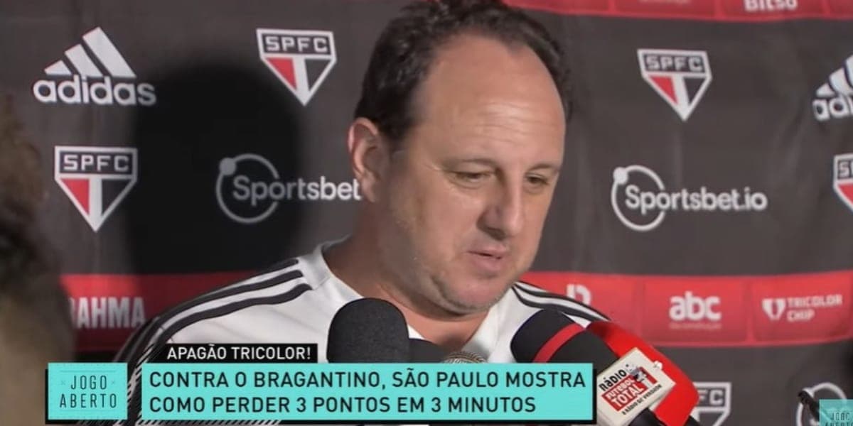 Rogério Ceni tenta se explicar após mais uma derrota do São Paulo no campeonato paulista (Reprodução: Jogo Aberto/ Band) Rogério Ceni tenta se explicar após mais uma derrota do São Paulo no campeonato paulista (Reprodução: Jogo Aberto/ Band)