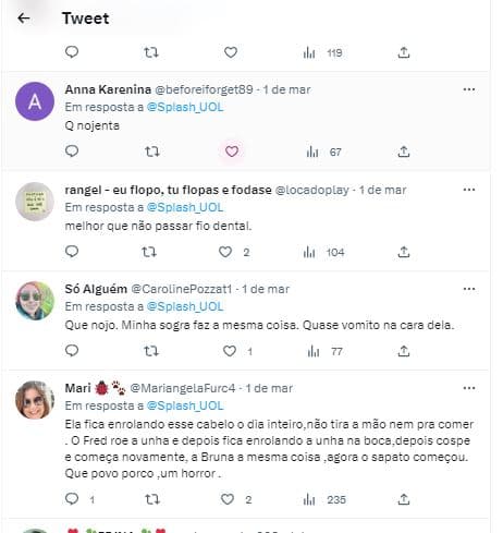 Internautas detonam o fato de Amanda do BBB23 usar o cabelo como fio dental - Foto Reprodução Twitter Internautas detonam o fato de Amanda do BBB23 usar o cabelo como fio dental - Foto Reprodução Twitter