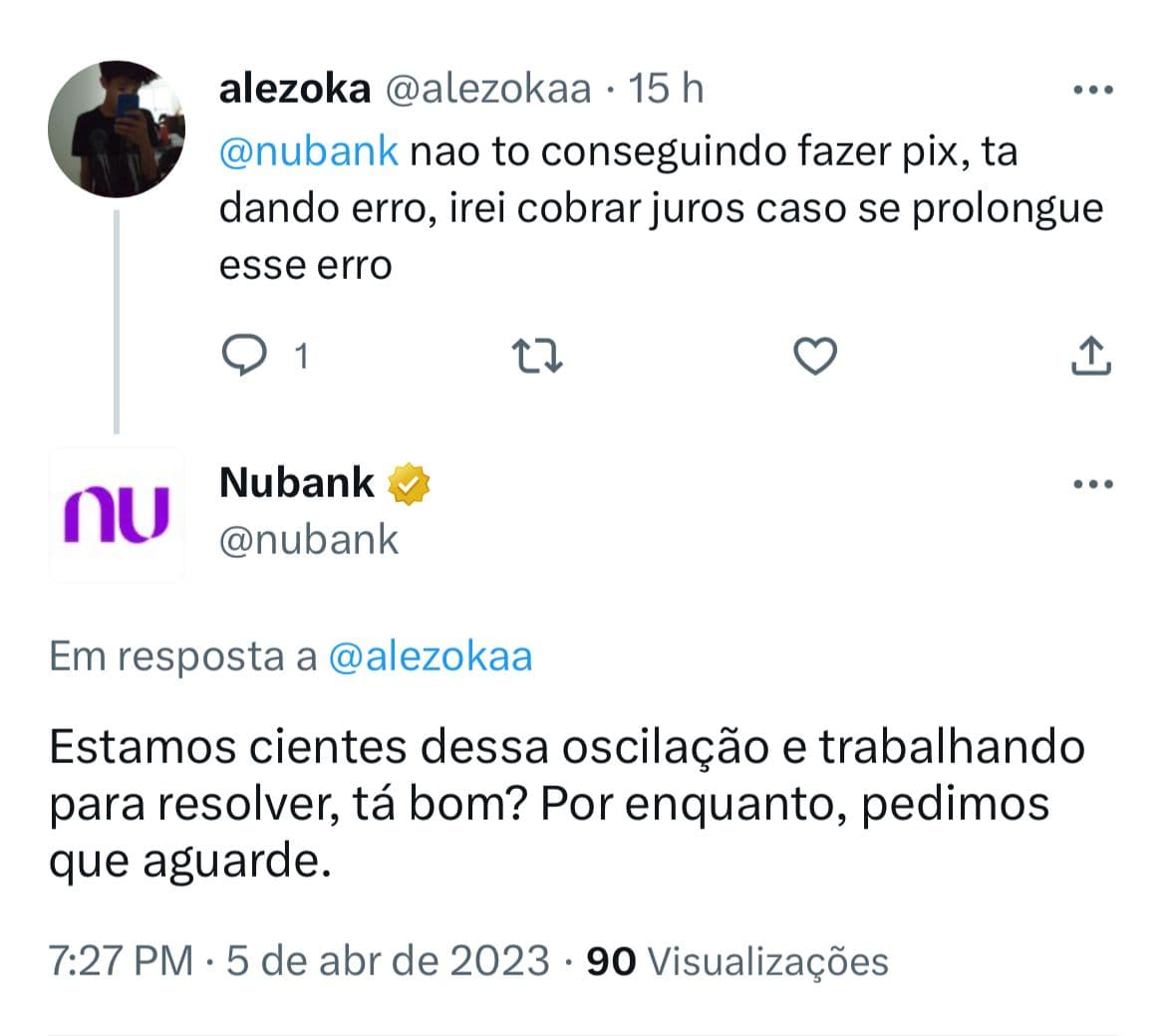 Clientes do Nubank estão furiosos com a instabilidade do Pix na instituição - Foto Reprodução Twitter Clientes do Nubank estão furiosos com a instabilidade do Pix na instituição - Foto Reprodução Twitter