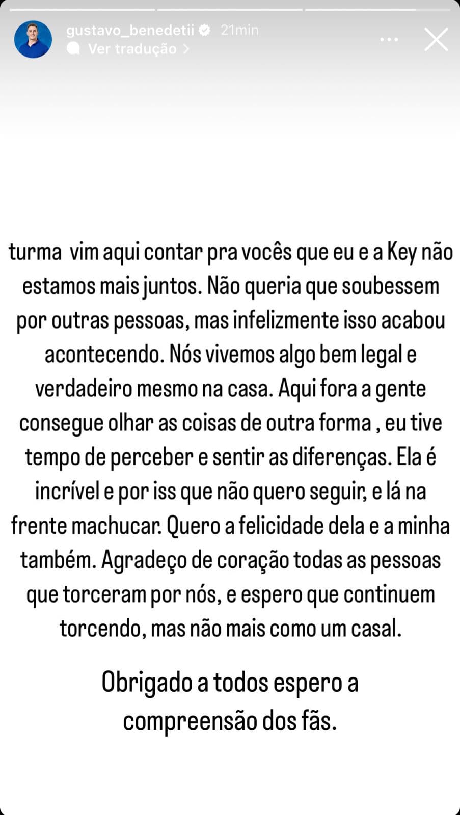 Gustavo confirma o fim do relacionamento - Foto Reprodução Instagram Gustavo confirma o fim do relacionamento - Foto Reprodução Instagram