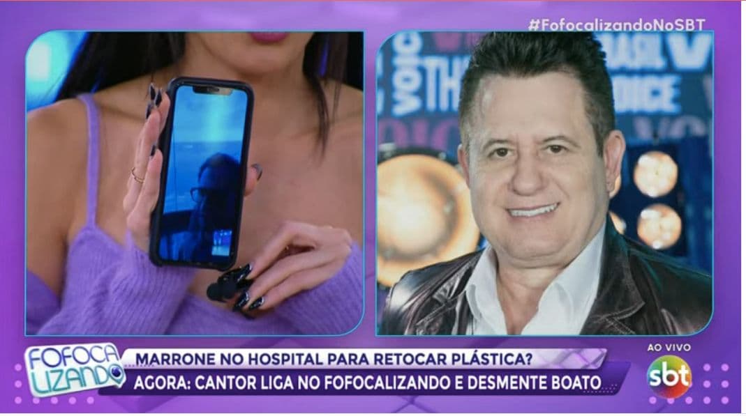 Marrone liga no Fofocalizando, do SBT, e desmente informação de nova cirurgia de correção no olho - Foto Reprodução SBT Marrone liga no Fofocalizando, do SBT, e desmente informação de nova cirurgia de correção no olho - Foto Reprodução SBT