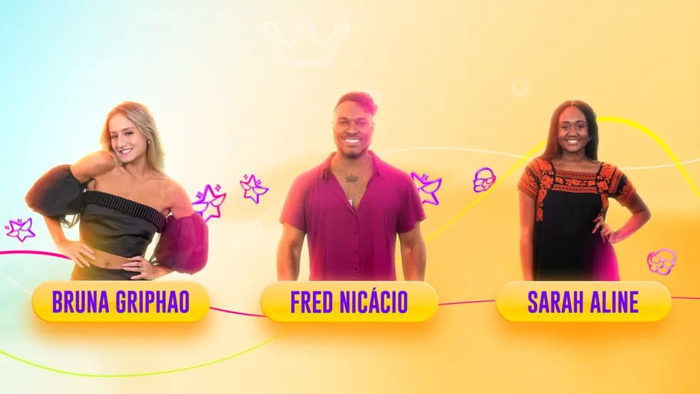 Paredão do BBB23, com Bruna, Fred Nicácio e Sarah Aline - Foto Reprodução Gshow Paredão do BBB23, com Bruna, Fred Nicácio e Sarah Aline - Foto Reprodução Gshow
