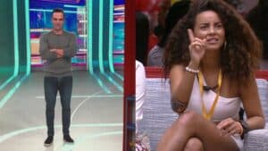 Tadeu Schmidt e Domitila: BBB23 teve problema técnico (Foto: Reprodução / Globoplay) Tadeu Schmidt e Domitila: BBB23 teve problema técnico (Foto: Reprodução / Globoplay)