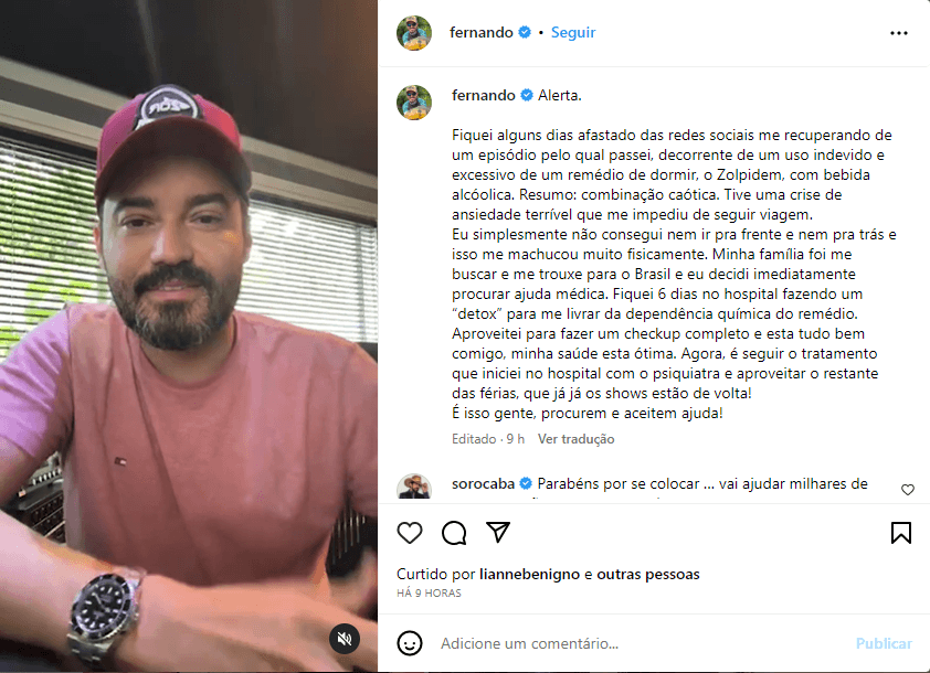 Fernando Zor revela vício em remédio, crise de ansiedade e internação - Foto: Reprodução/Instagram Fernando Zor revela vício em remédio, crise de ansiedade e internação - Foto: Reprodução/Instagram