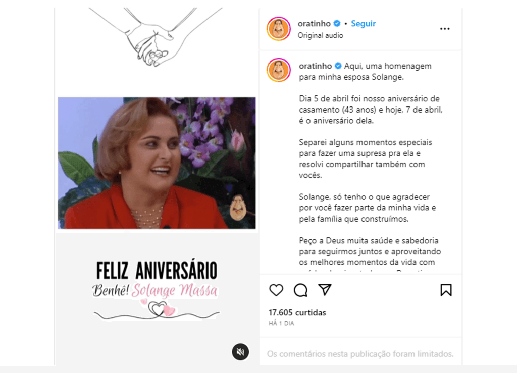 Homenagem feita por Ratinho em seu Instagram para sua esposa (Foto: Reprodução, Instagram) Homenagem feita por Ratinho em seu Instagram para sua esposa (Foto: Reprodução, Instagram)