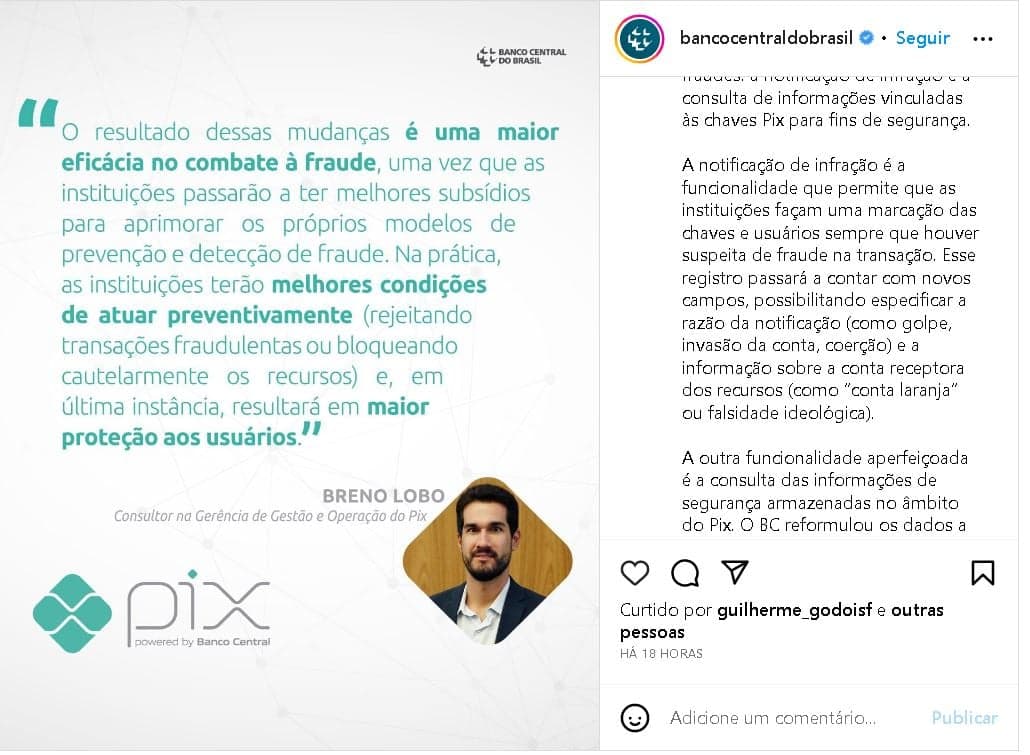 Anúncio importante sobre o PIX, feito pelo Banco Central em seu Instagram - Foto Reprodução Instagram Anúncio importante sobre o PIX, feito pelo Banco Central em seu Instagram - Foto Reprodução Instagram