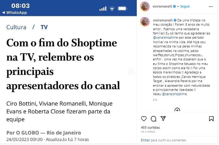 Apresentadora lamenta o fim de canal de TV - Foto Reprodução Instagram Apresentadora lamenta o fim de canal de TV - Foto Reprodução Instagram