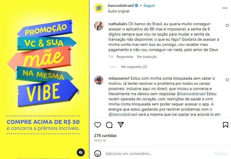 Imagem da publicação do Banco do Brasil que recebeu várias reclamações de clientes - Foto Reprodução Instagram Imagem da publicação do Banco do Brasil que recebeu várias reclamações de clientes - Foto Reprodução Instagram