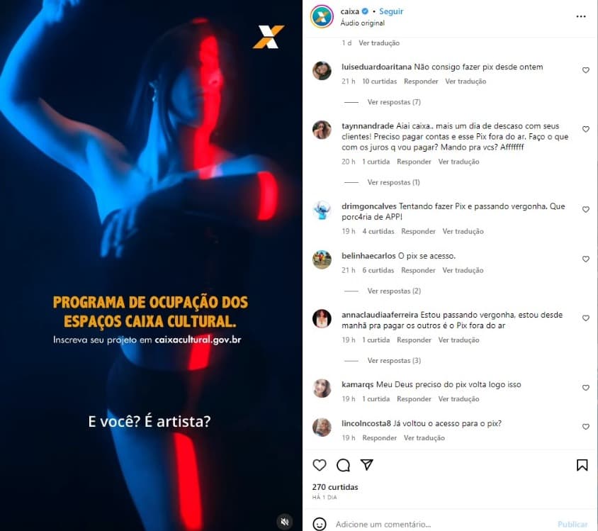 Clientes da Caixa relatando problema com o Pix em publicação do banco na rede social Instagram - Foto Reprodução Instagram Clientes da Caixa relatando problema com o Pix em publicação do banco na rede social Instagram - Foto Reprodução Instagram