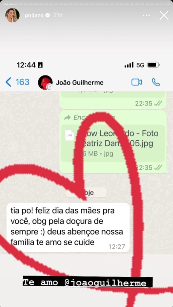 Poliana Rocha entrega print de conversa com João Guilherme, no Dia das Mães - Foto Reprodução Instagram Poliana Rocha entrega print de conversa com João Guilherme, no Dia das Mães - Foto Reprodução Instagram