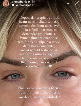 Gio Ewbank surge com os olhos inchados após terapia (Reprodução: Instagram) Gio Ewbank surge com os olhos inchados após terapia (Reprodução: Instagram)