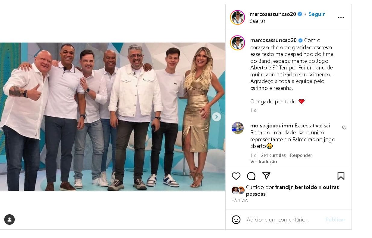Publicação de despedida de Marcos Assunção - Foto Reprodução Instagram Publicação de despedida de Marcos Assunção - Foto Reprodução Instagram