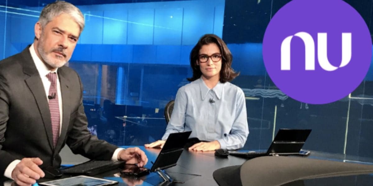 William Bonner e Renata Vasconcellos no Jornal Nacional e logo da Nubank (Fotos: Reproduções / Globo / Internet) William Bonner e Renata Vasconcellos no Jornal Nacional e logo da Nubank (Fotos: Reproduções / Globo / Internet)