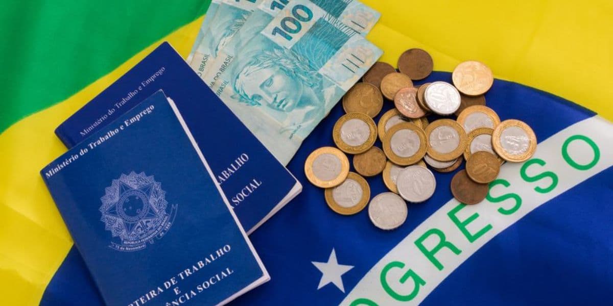 Carteira de trabalho sobre bandeira brasileira e notas de dinheiro - Foto Reprodução Internet Carteira de trabalho sobre bandeira brasileira e notas de dinheiro - Foto Reprodução Internet