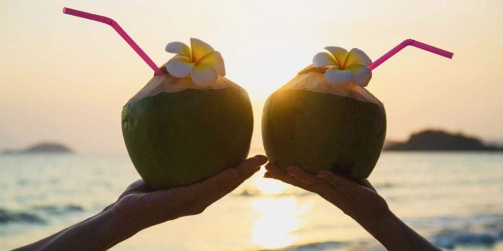 Pessoas curtindo sua folga na beira da praia bebendo água de coco - Foto Reprodução Internet Pessoas curtindo sua folga na beira da praia bebendo água de coco - Foto Reprodução Internet