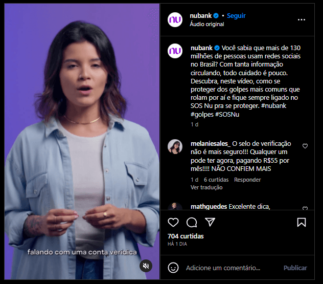 Nubank faz alerta sobre golpes (Foto: Reprodução, Instagram) Nubank faz alerta sobre golpes (Foto: Reprodução, Instagram)