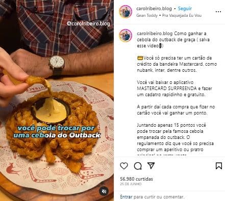 Blogueira ensina como trocar pontos por comida no Outback - Foto Instagram Blogueira ensina como trocar pontos por comida no Outback - Foto Instagram