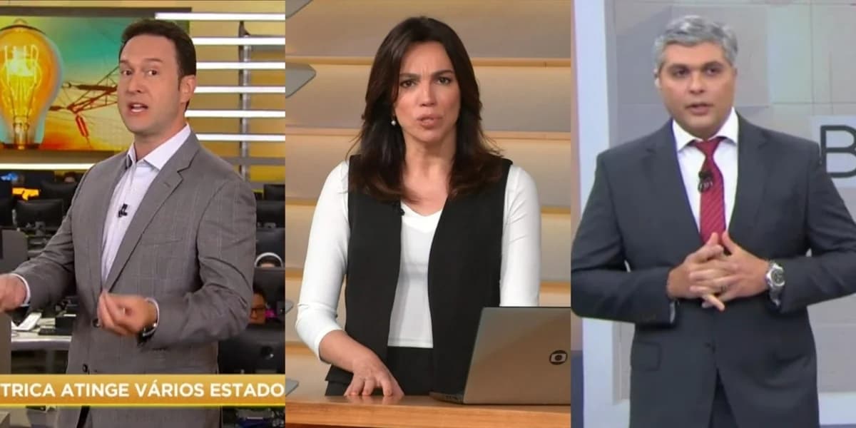 Eduardo Ribeiro, Ana Paula Araújo e Joel Datena em seus respectivos telejornais - Montagem TVFOCO Eduardo Ribeiro, Ana Paula Araújo e Joel Datena em seus respectivos telejornais - Montagem TVFOCO