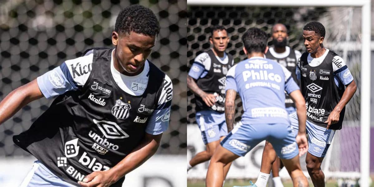 João Vitor, meio-campista da base do Santos que está treinando com o time titular (Foto - Montagem TV Foco). João Vitor, meio-campista da base do Santos que está treinando com o time titular (Foto - Montagem TV Foco).