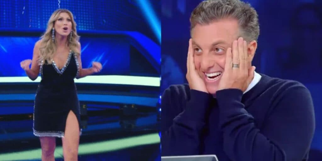 Convidada arranca roupa no meio do palco do Domingão e deixa Huck e Lívia Andrade incrédulos: "Essa maluca"