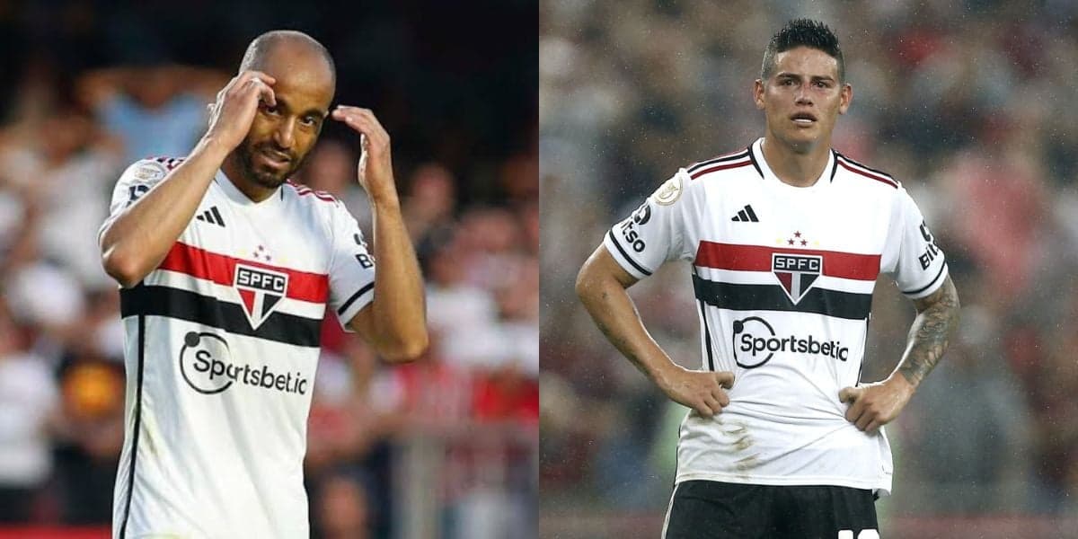 Lucas e James Rodríguez, jogadores do São Paulo (Foto - Montagem TV Foco). Lucas e James Rodríguez, jogadores do São Paulo (Foto - Montagem TV Foco).