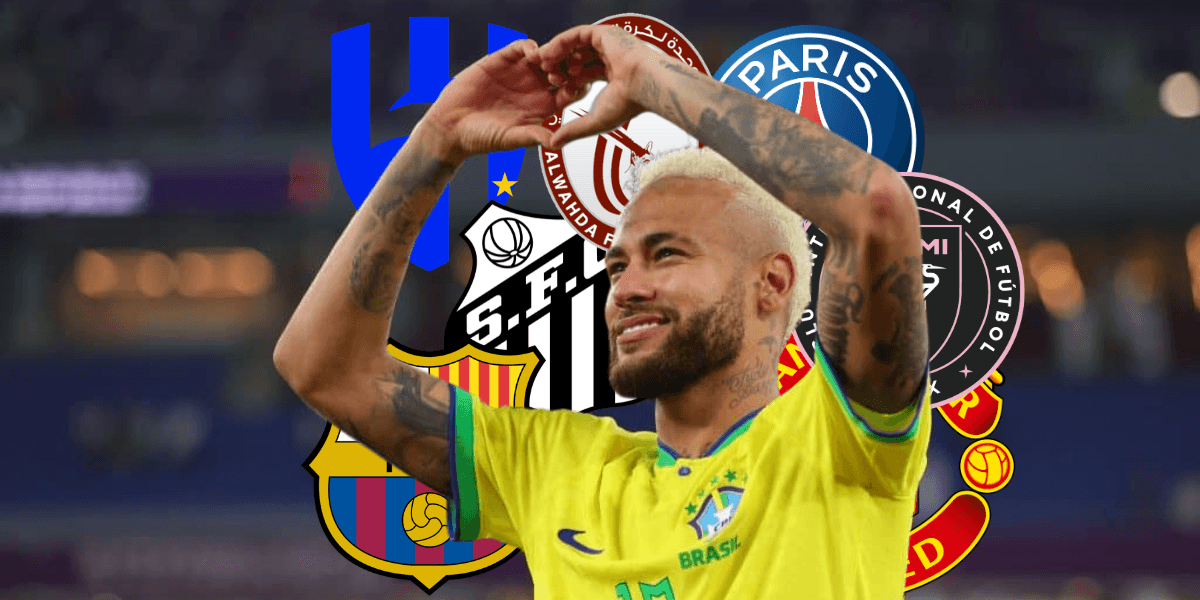 Neymar fazendo coraçãozinho com os simbolos dos possíveis times que ele pode ir após o PSG (Reprodução - Internet) Neymar fazendo coraçãozinho com os simbolos dos possíveis times que ele pode ir após o PSG (Reprodução - Internet)