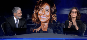 Renata Vasconcellos e Bonner em homenagem para Gloria Maria no Jornal Nacional - Foto Globo Renata Vasconcellos e Bonner em homenagem para Gloria Maria no Jornal Nacional - Foto Globo