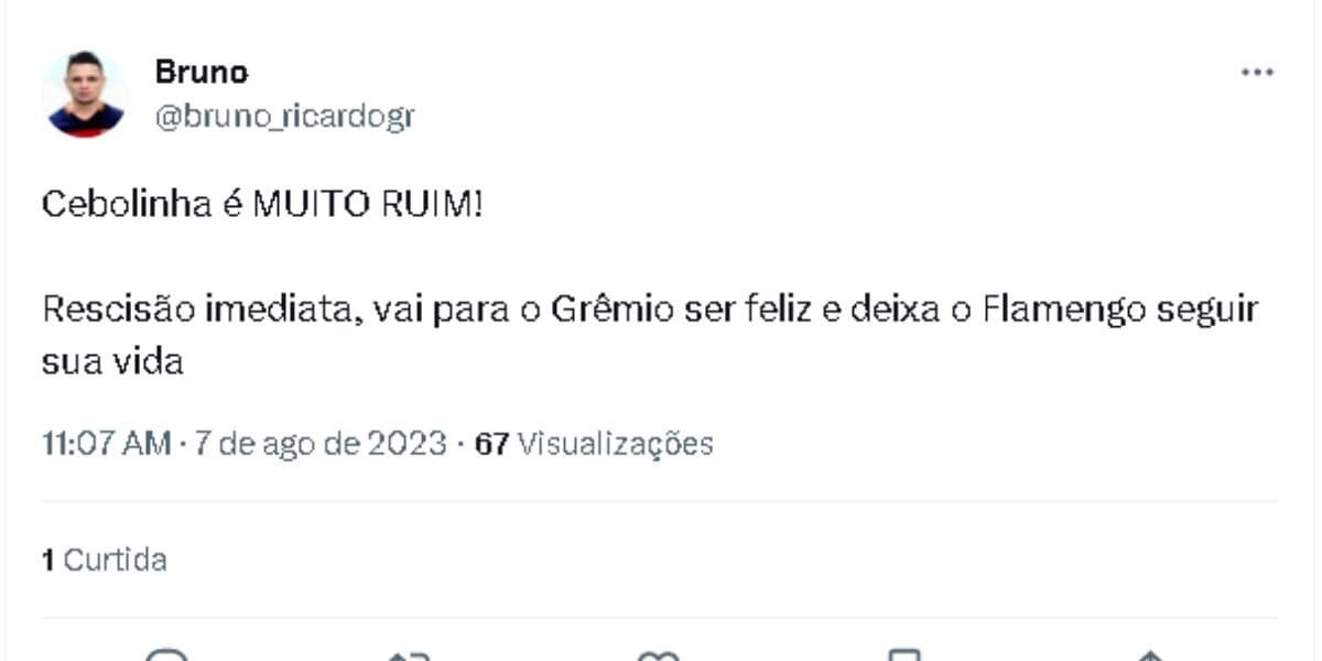 Tweet de um torcedor reclamando do Éverton Cebolinha (Reprodução - Twitter) Tweet de um torcedor reclamando do Éverton Cebolinha (Reprodução - Twitter)