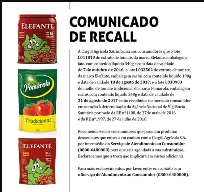 Comunicado das marcas de molho de tomate que foram removidas pela Anvisa Comunicado das marcas de molho de tomate que foram removidas pela Anvisa