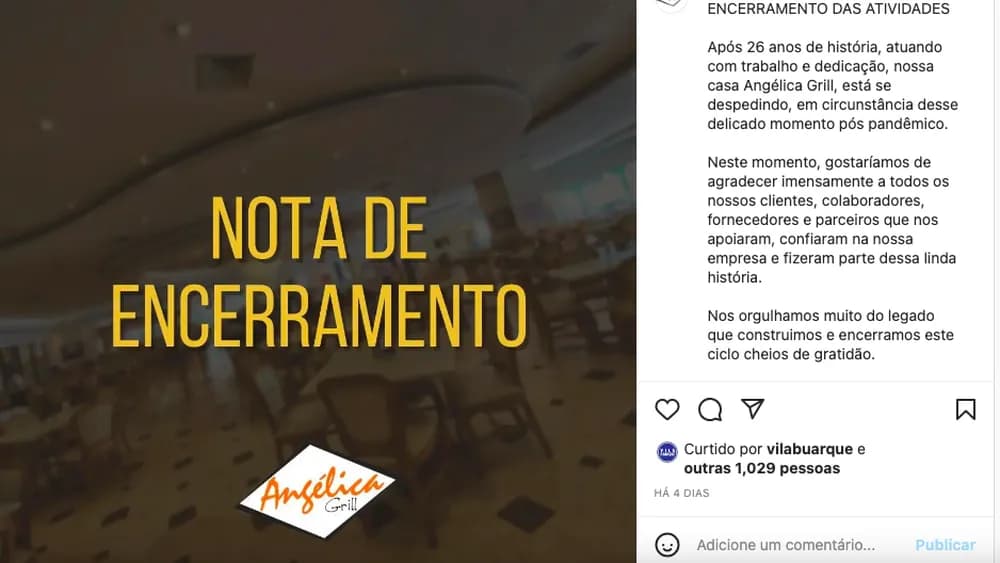 Nota de encerramento da churrascaria Angélica Grill - Foto Reprodução g1 Nota de encerramento da churrascaria Angélica Grill - Foto Reprodução g1